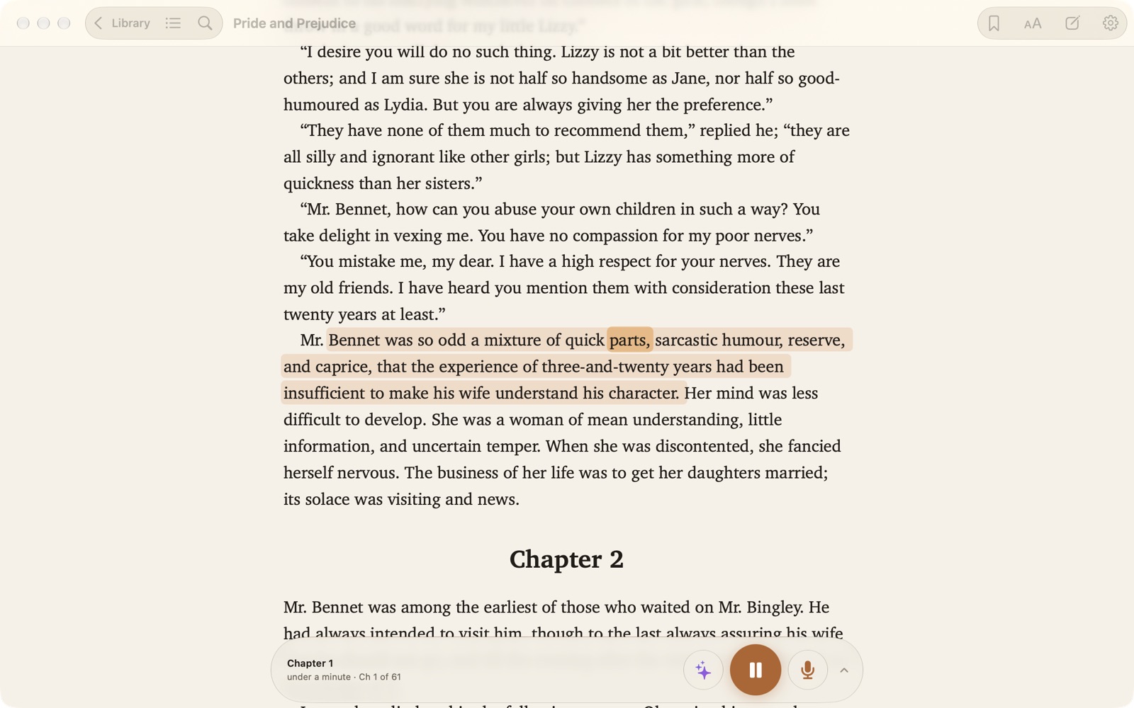 SpeakBook on a Mac, reading Pride and Prejudice aloud.