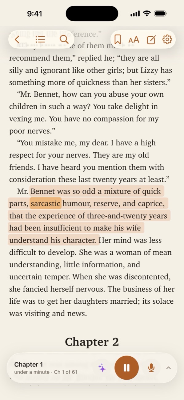 Pride and Prejudice open in SpeakBook, with the sentence being read highlighted in orange and the player at the bottom.