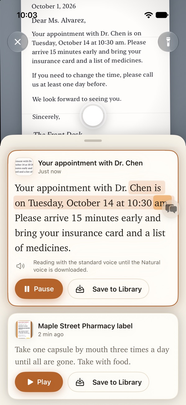 A snapped appointment letter being read aloud, with the current words highlighted.
